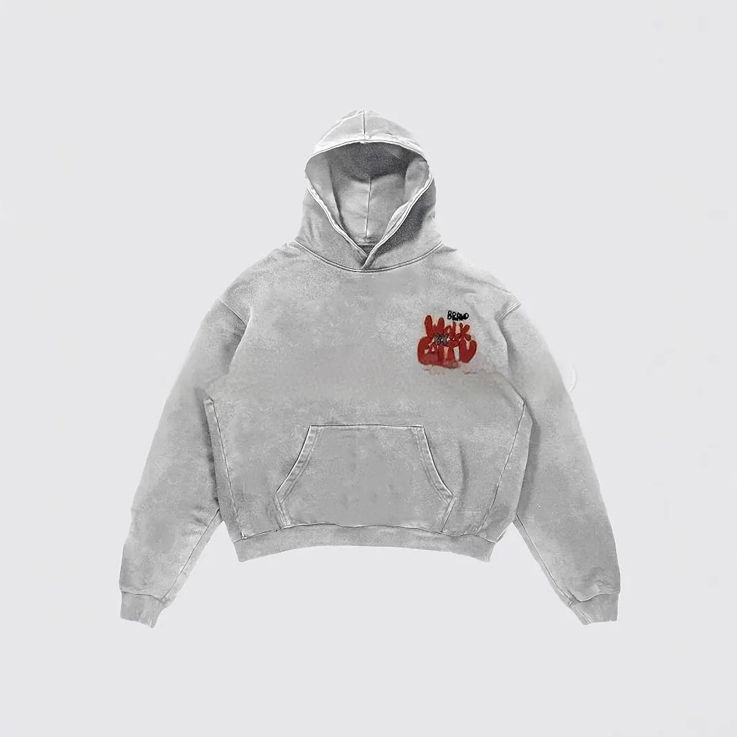 Granny grey women's hoodie with vintage letter print design, long sleeves, and a front pocket.