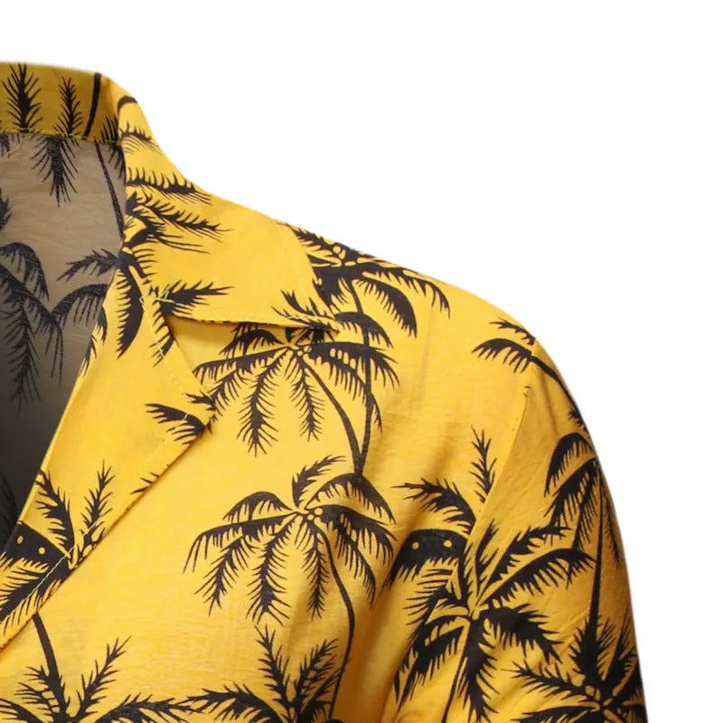 Mens casual lapel print top in polyester, white colour, long sleeves, front view