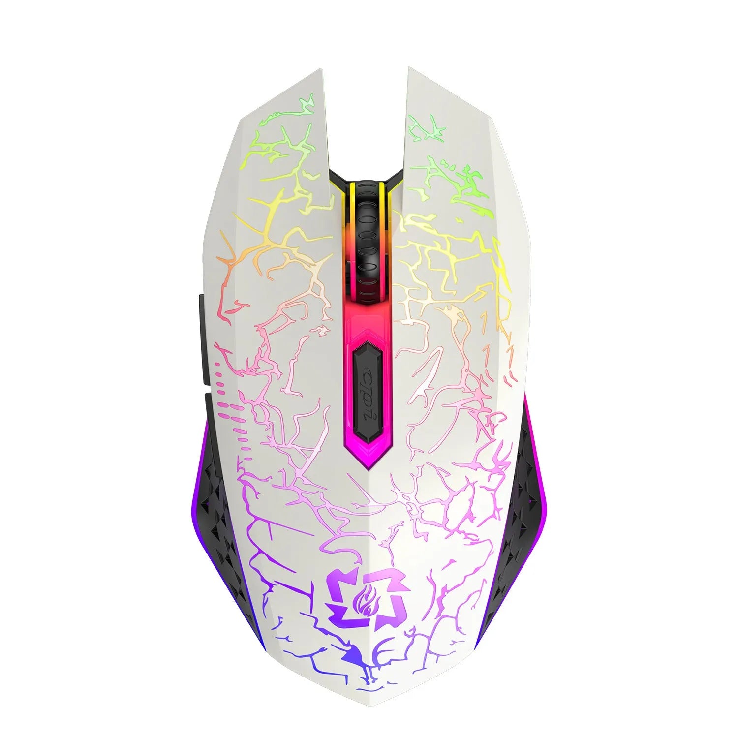 Black and white versions of wireless gaming mouse with RGB lighting on desk