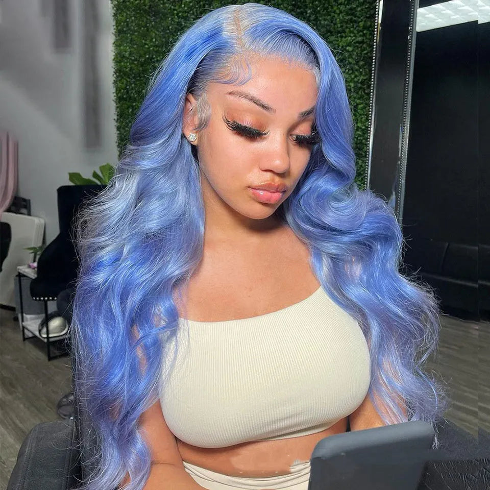 Body wave human hair lace front wig in real hair shown with straight bangs.