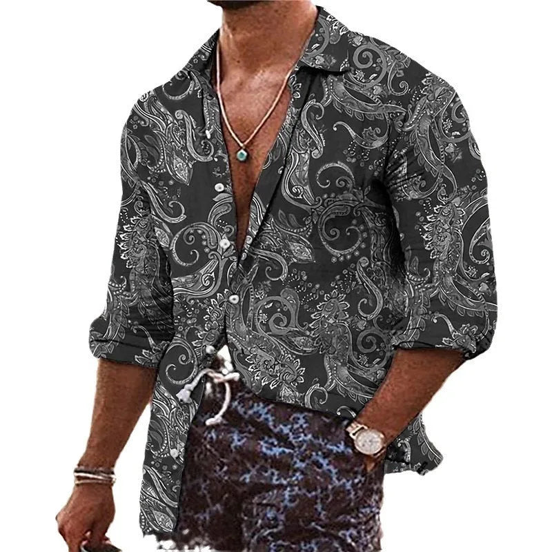 Men's loose fit shirt with 3D floral digital printing and long sleeves for business and casual wear