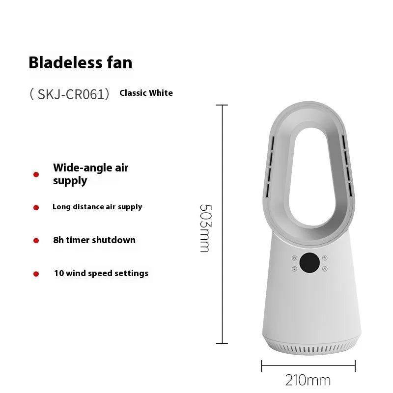 White bladeless tower floor fan with USB port and touch screen controls on a sleek column.
