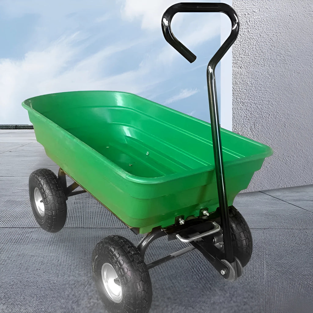 Green four-wheel plastic dumptruck with a large haulage body on a steel-reinforced frame.