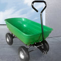 Green four-wheel plastic dumptruck with a large haulage body on a steel-reinforced frame.