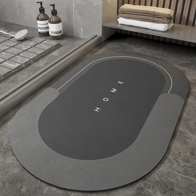 Cushioned blue oval bathroom floor mat on tiled flooring