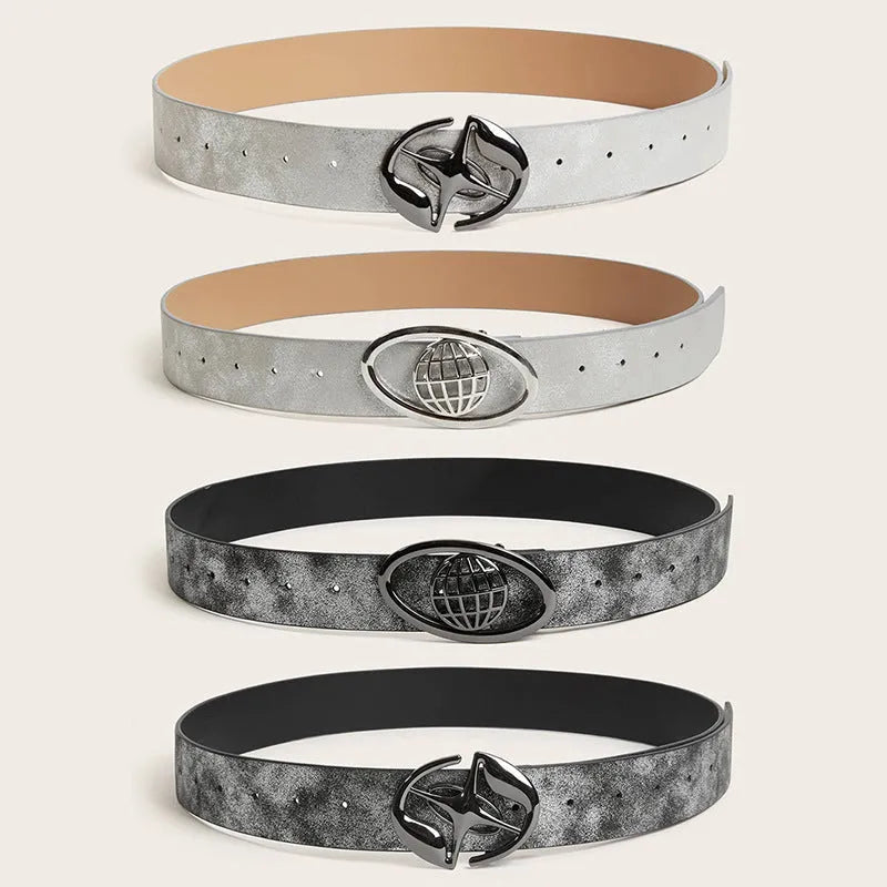 Women's thick retro belt with oval alloy buckle in PU leather, shown in vintage grey white colour
