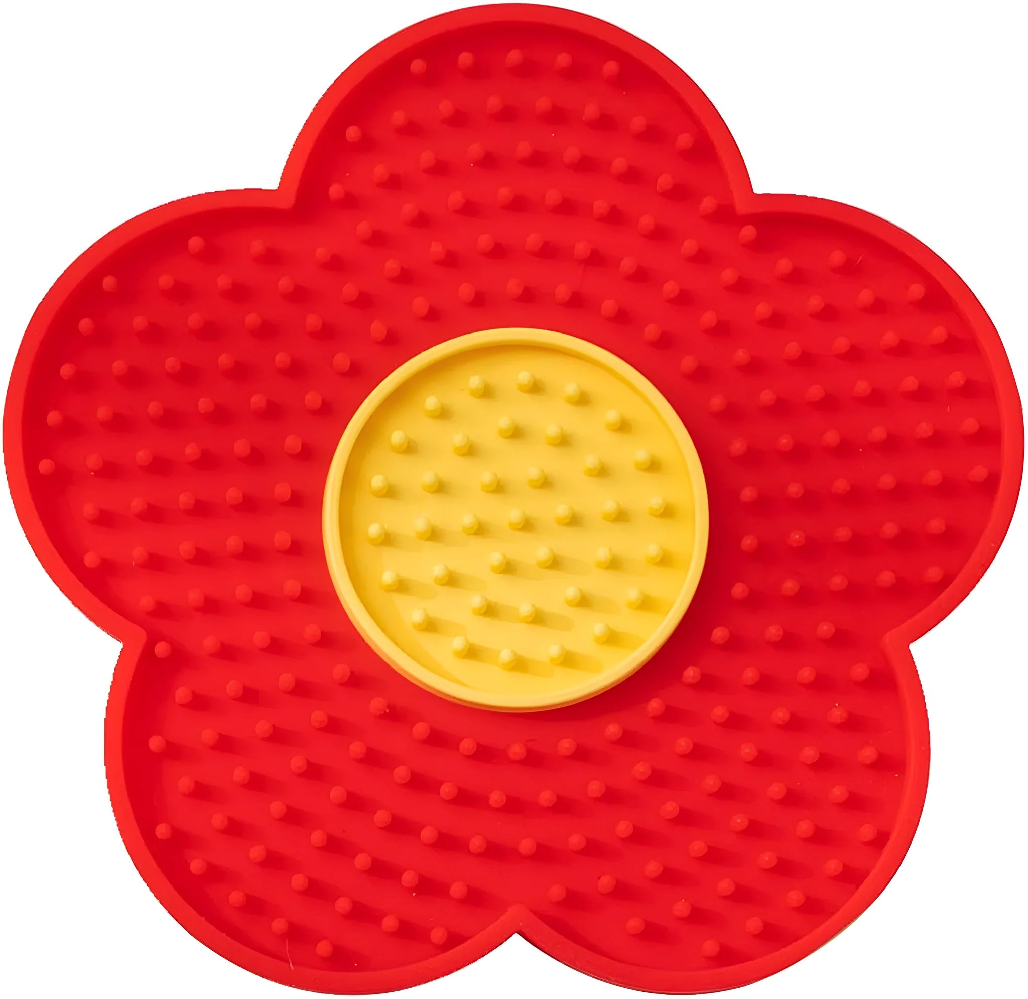 Flower-shaped silicone pet licking mat with suction cups on back in blue, grey, pink, purple, or red