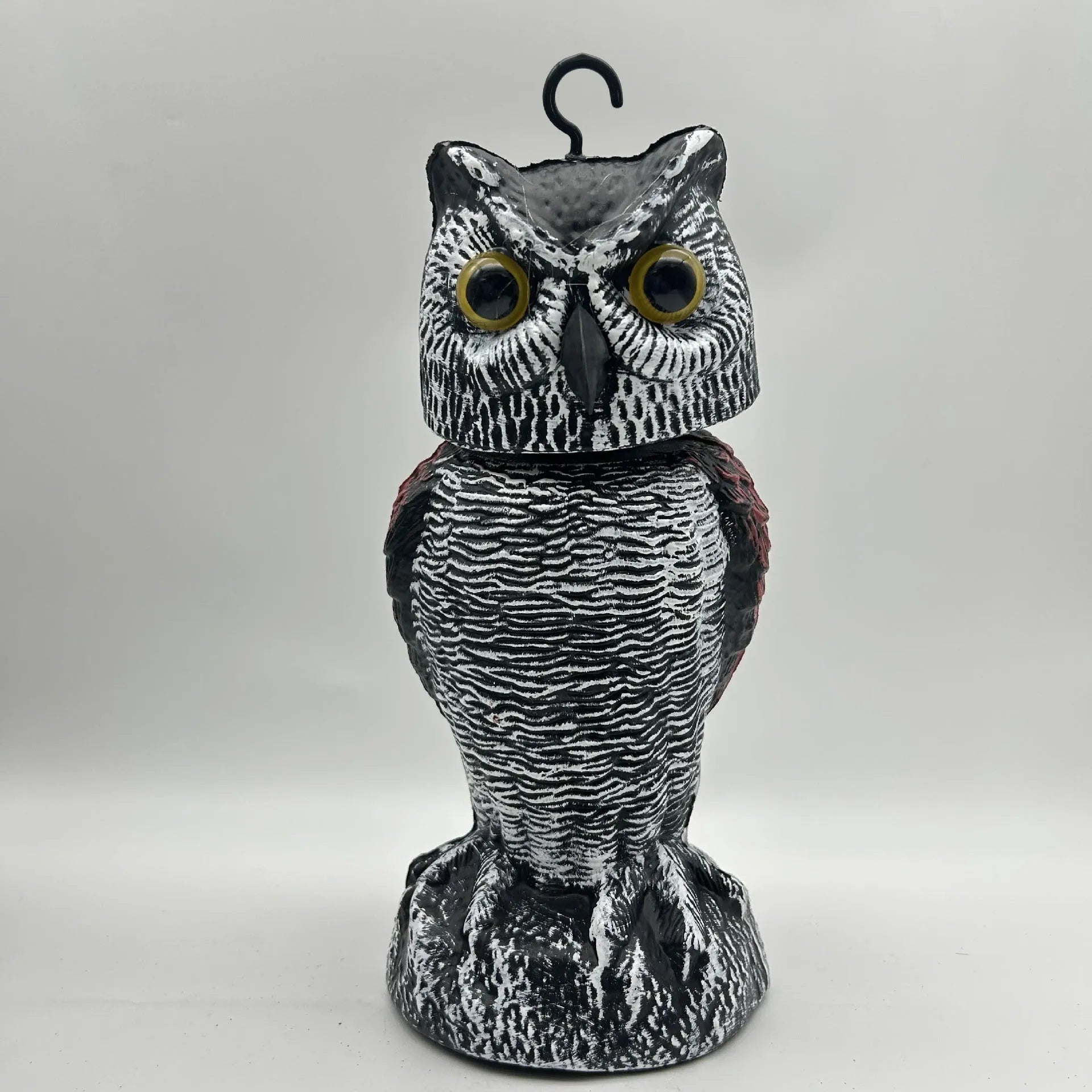 PE plastic artificial owl bird scarer ornament with shaking head, shown in bag-style mounting option.