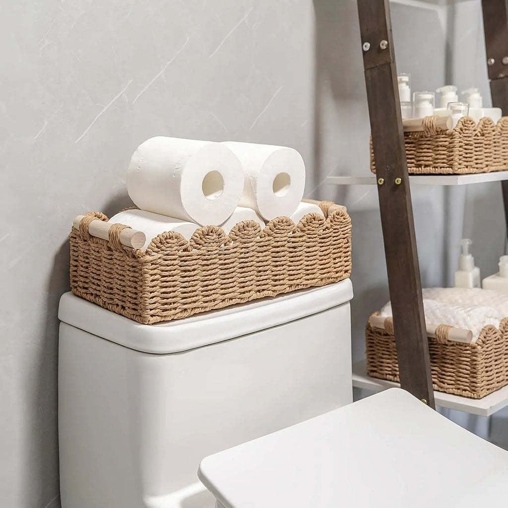 Modern woven paper storage basket in khaki colour on a wooden table, dimensions 35.5cm long by 16cm wide.