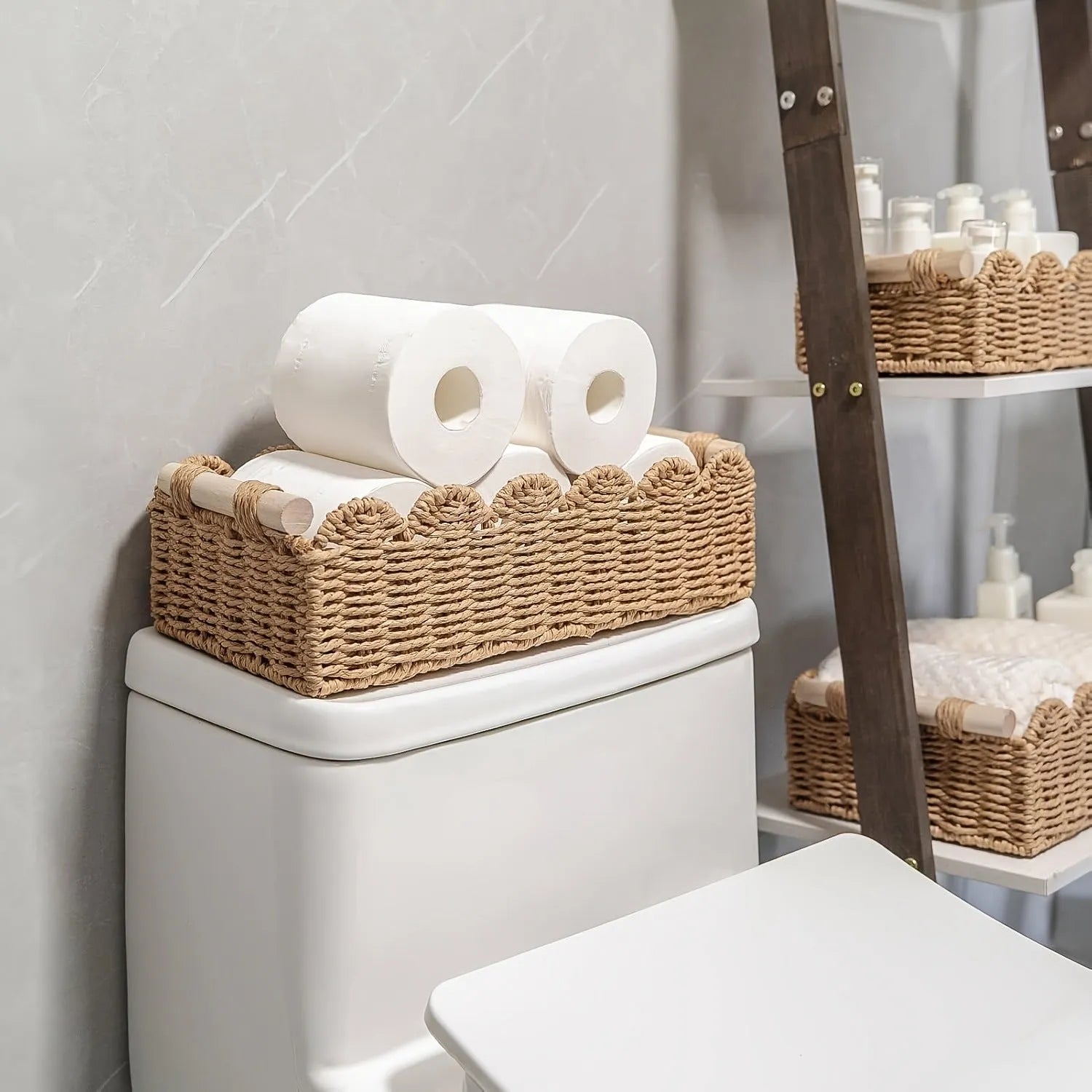 Modern woven paper storage basket in khaki colour on a wooden table, dimensions 35.5cm long by 16cm wide.