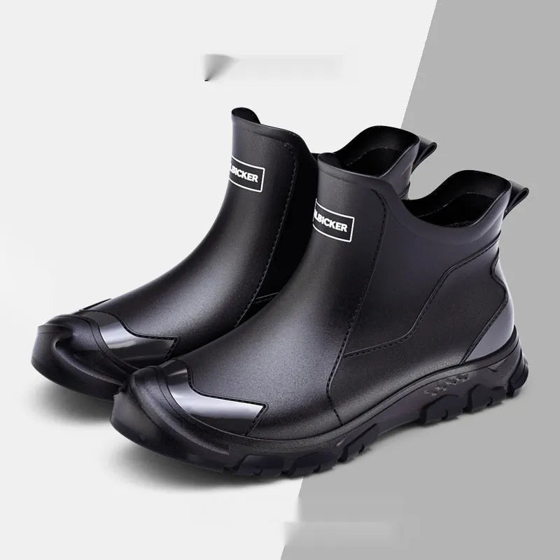 Short tube Korean style PVC rain boots with plastic soles in beige, black, and black-red colours.