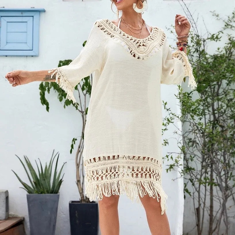 Apricot crocheted knitted patchwork beach dress with half sleeves and mid-length street hipster styling