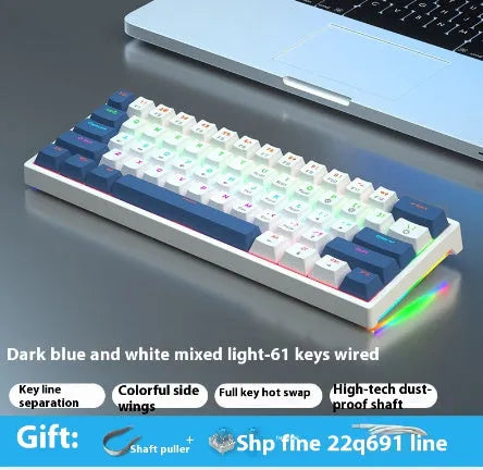 Bluish-black 61-key mechanical keyboard with hot-swappable switches on a desk