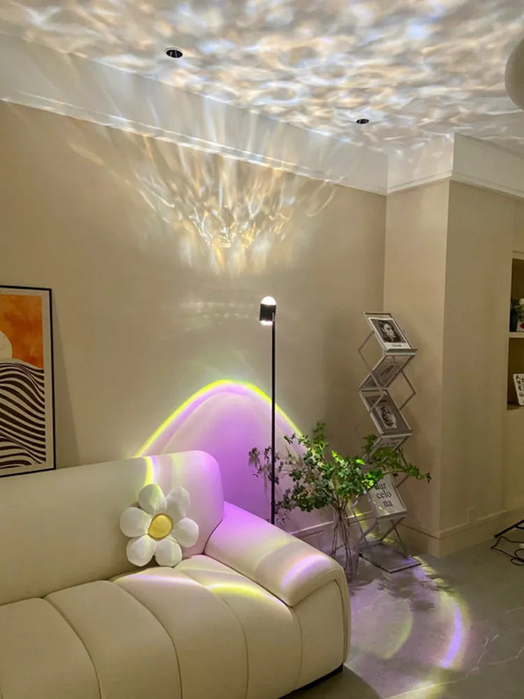Sunset red water ripple projection floor lamp with four colour cards and minimalist iron design