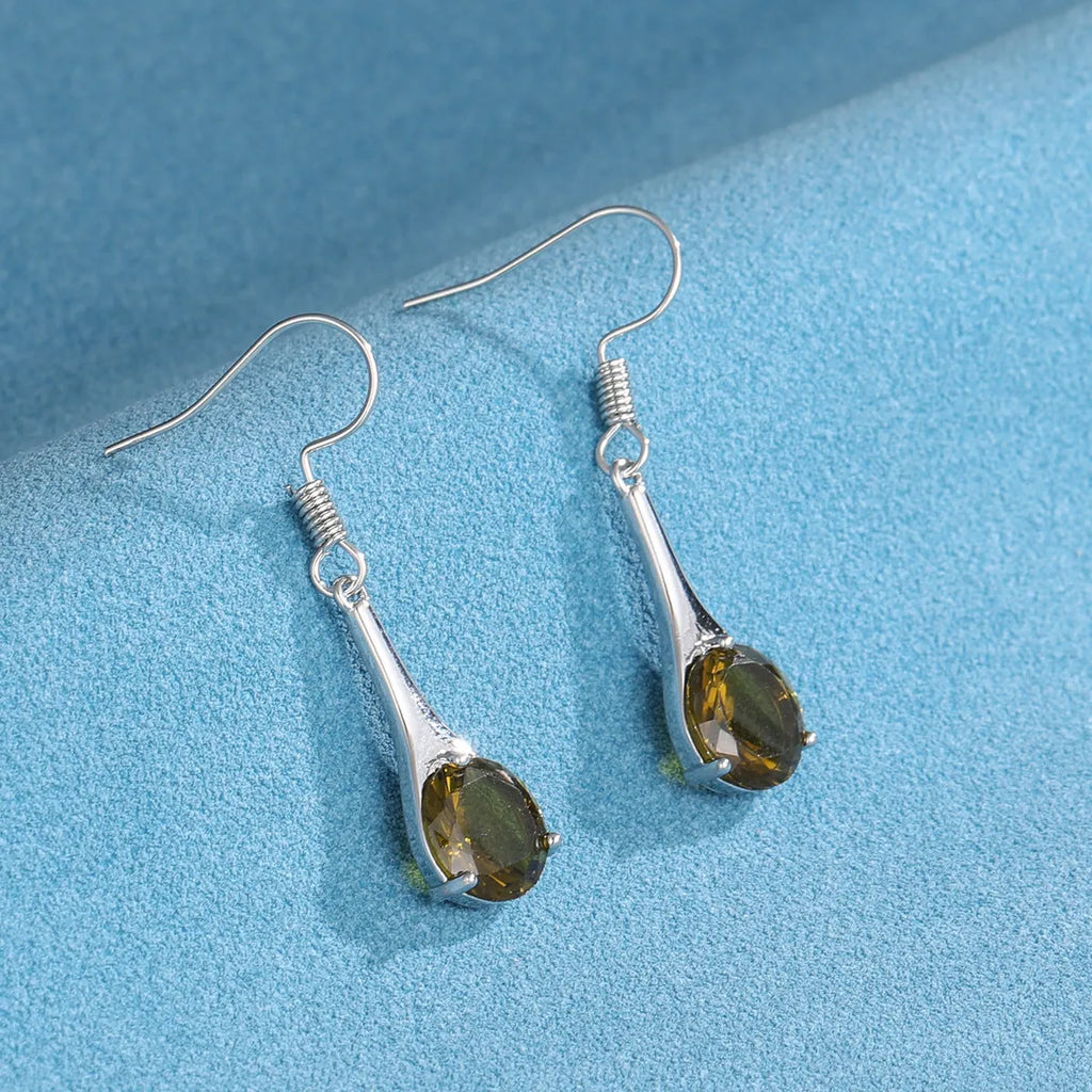Olive green topaz drop earrings with water drop shape design and alloy construction