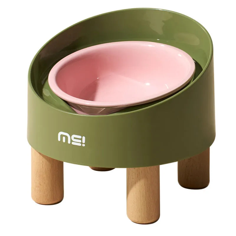 Blue purple cat ceramic food basin with high foot and oblique mouth on beech wooden feet