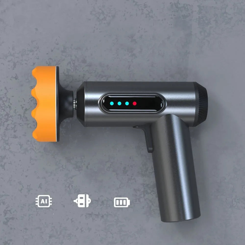 Handheld wireless waxing and polishing machine with a 7.7cm disc on a wooden floor.