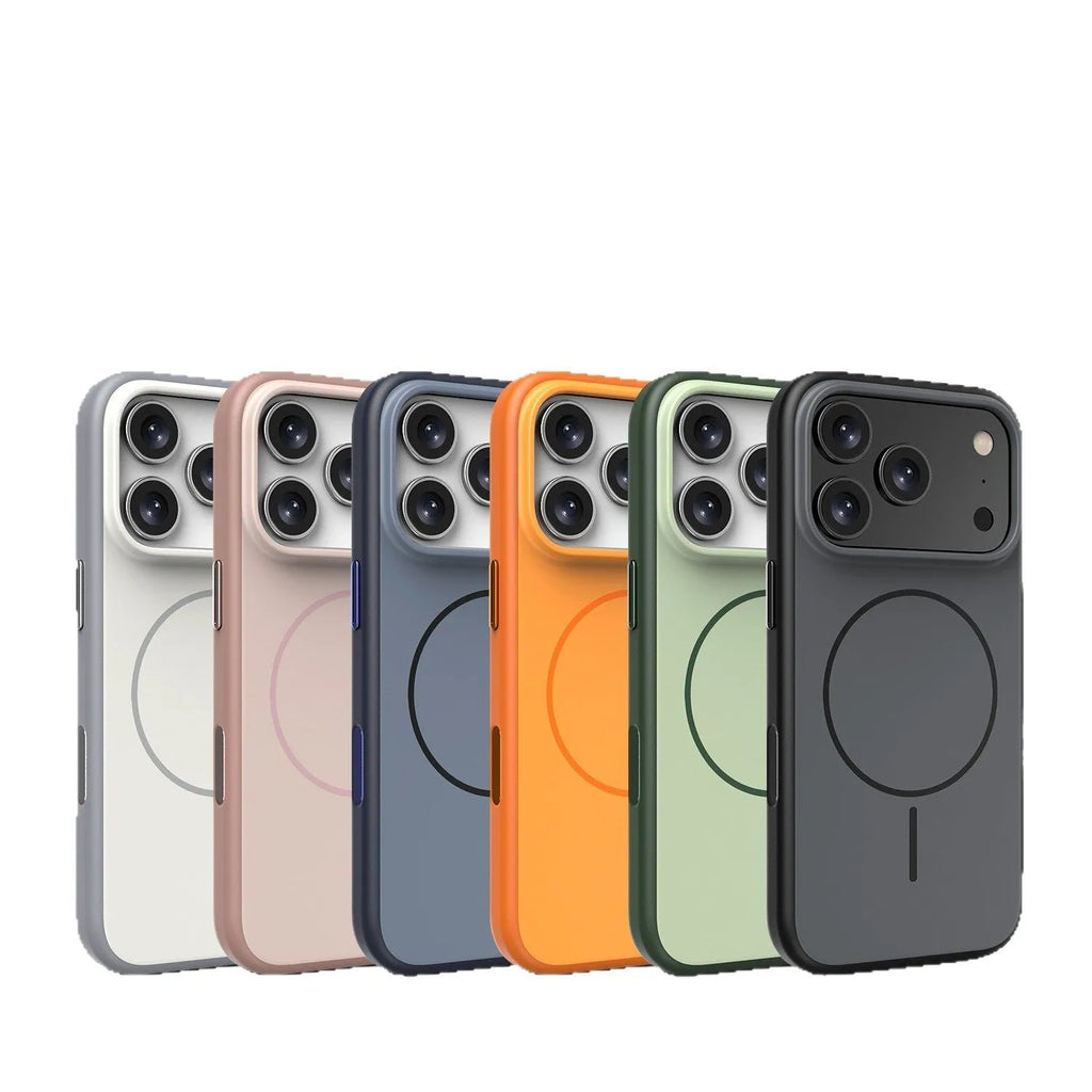 Blue magnetic iPhone case with a frosted finish and a dedicated AI camera button on the side.