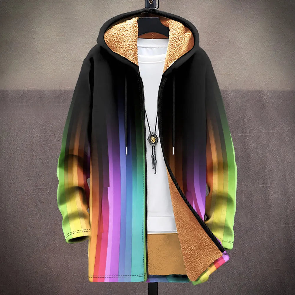 Man wearing a multicolour printed hooded cardigan with a zip front closure.