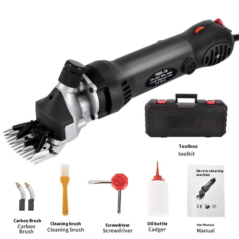 Yellow electric wool shears with 13-tooth straight blade and multiple accessory sets