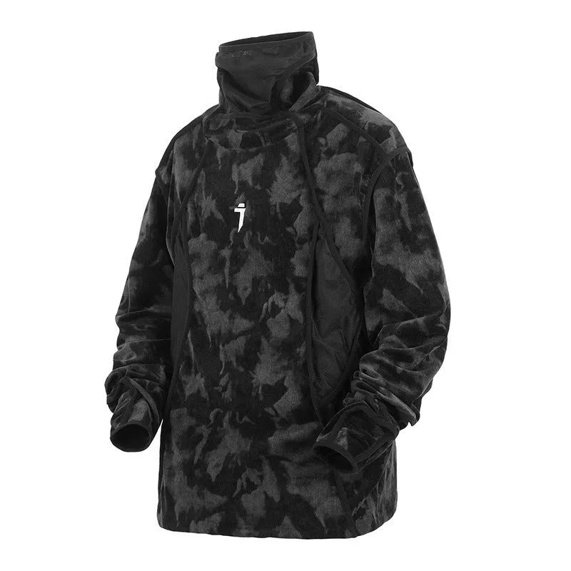Man wearing a black and grey tie-dye print pullover sweater with loose fit and long sleeves.