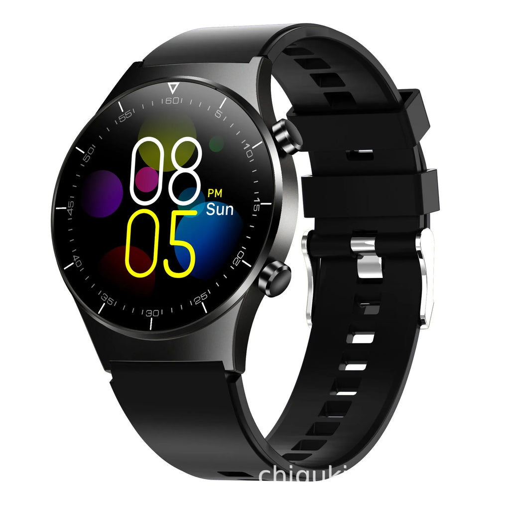 Black smart watch with TPU wristband showing 1.3 inch screen displaying heart rate and blood pressure readings
