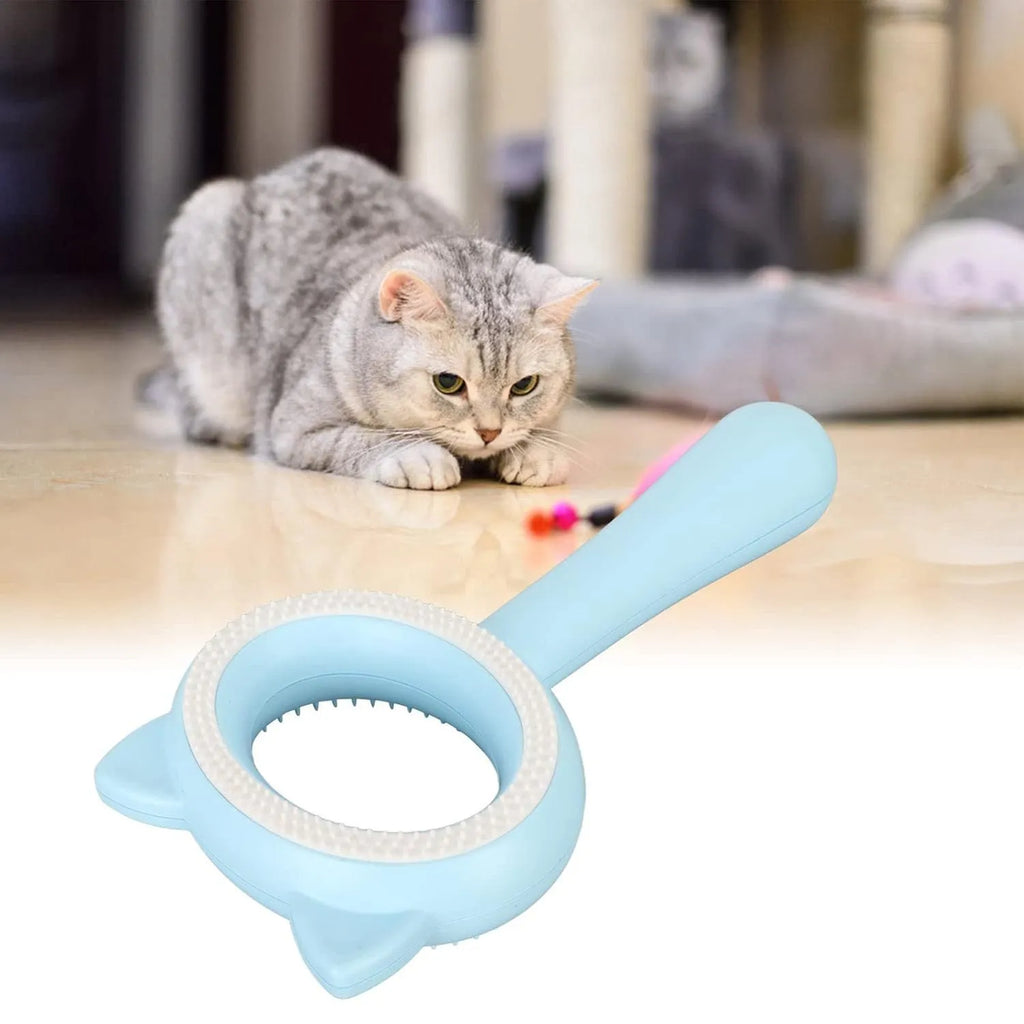 Blue and white double-sided pet grooming brush with deshedding teeth and massage comb on opposite sides