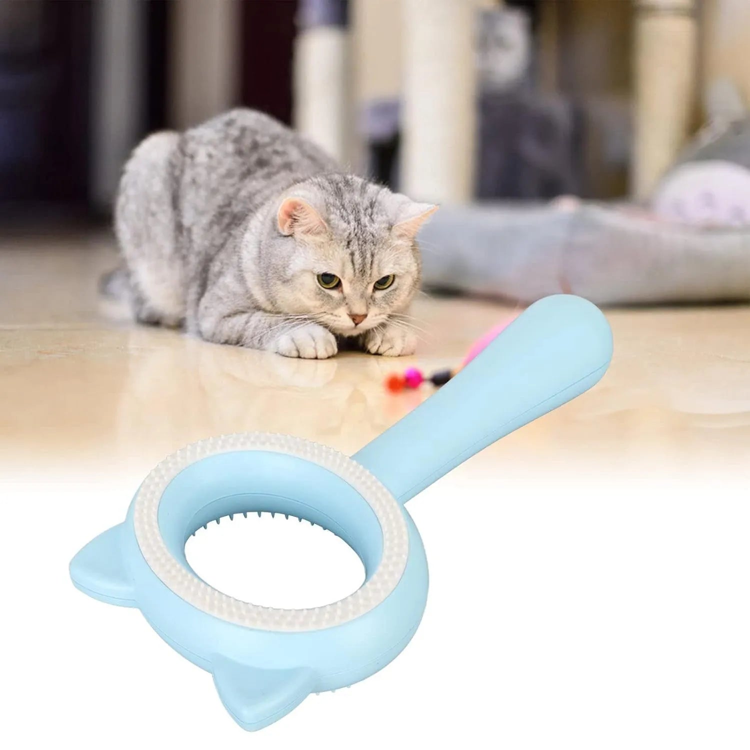 Blue and white double-sided pet grooming brush with deshedding teeth and massage comb on opposite sides