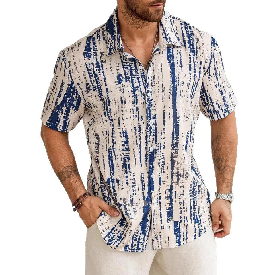 Men's short sleeve striped shirt in anti-wrinkle polyester with 3D printing