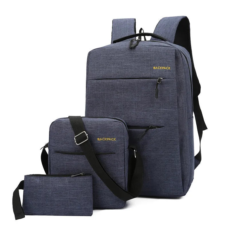 Men's USB charging nylon computer bag three-piece set in black, gray, navy blue, or wine red.