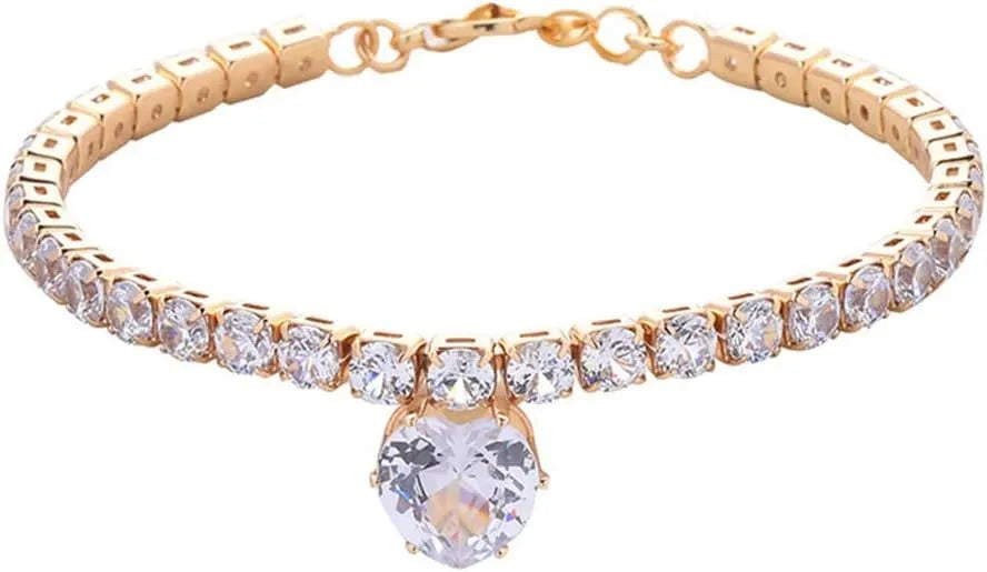 Gold rhinestone heart-shaped decorative collar for a dog with an extension chain.