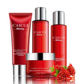 Pomegranate skincare set with four red bottles: cleanser, toner, lotion, and facial cream