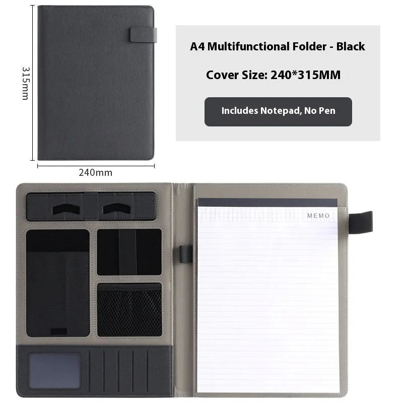 Black leather A4 business folder with 35mm gusset showing pen loop and notepad configuration
