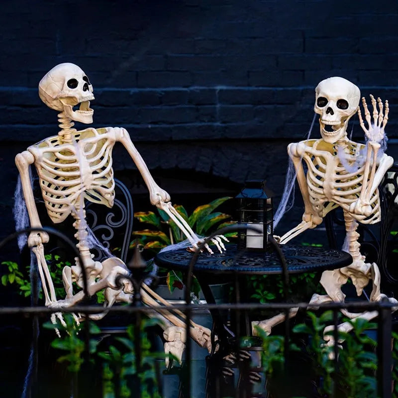 90cm tall posable plastic Halloween skeleton model with movable joints displayed outdoors
