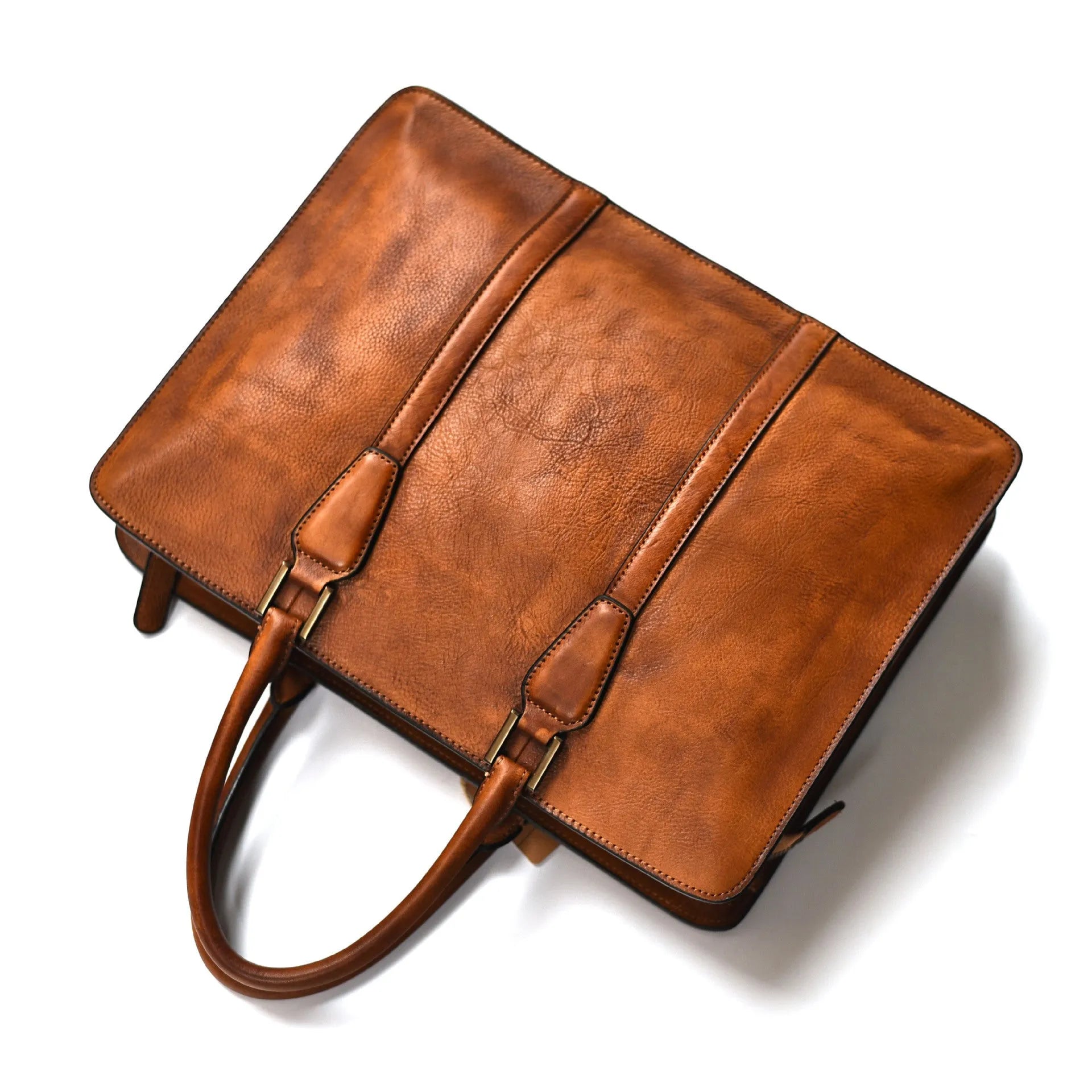 Men's 14-inch horizontal leather business handbag in khaki colour with zipper opening