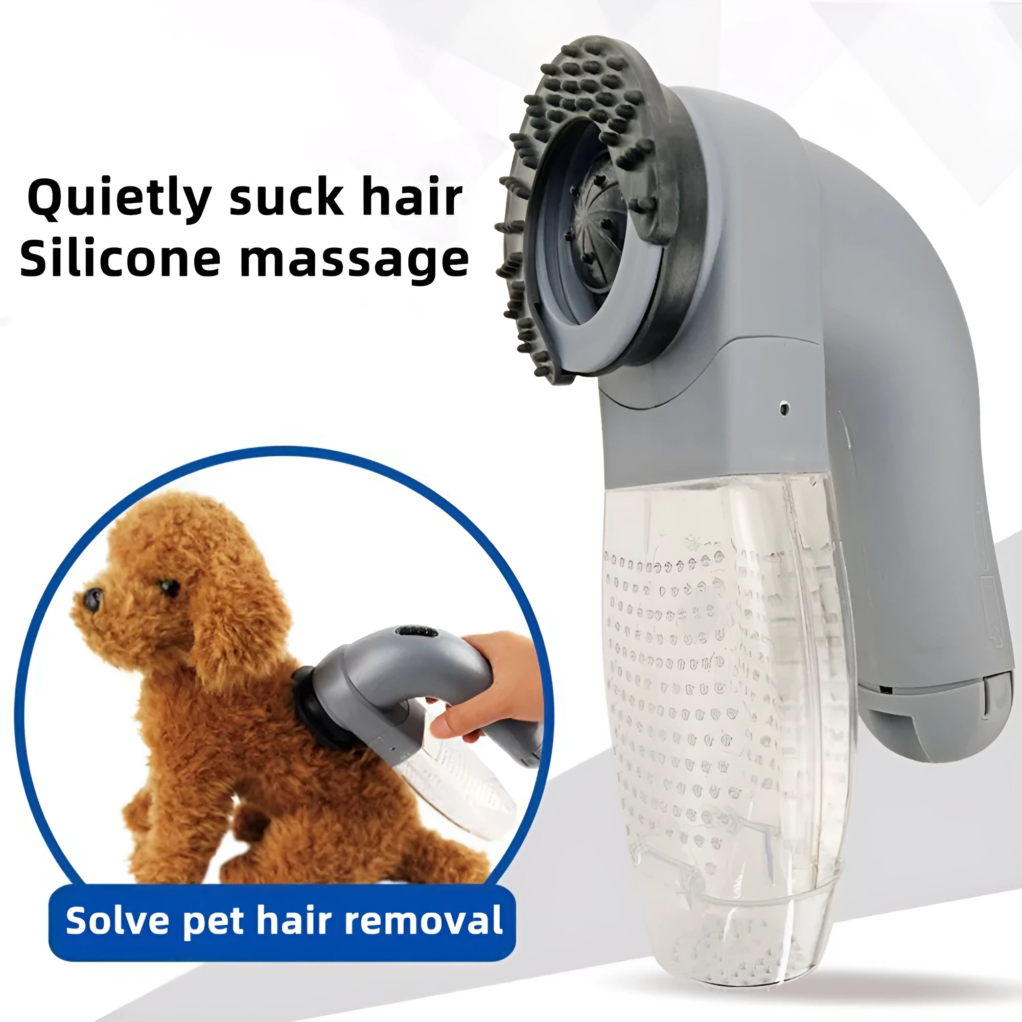 Grey portable electric pet hair vacuum cleaner with soft rubber head for dogs and cats.