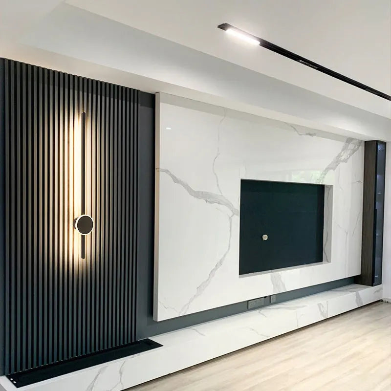 Black and white modern bedside wall lamp with strip lighting and grid-free design