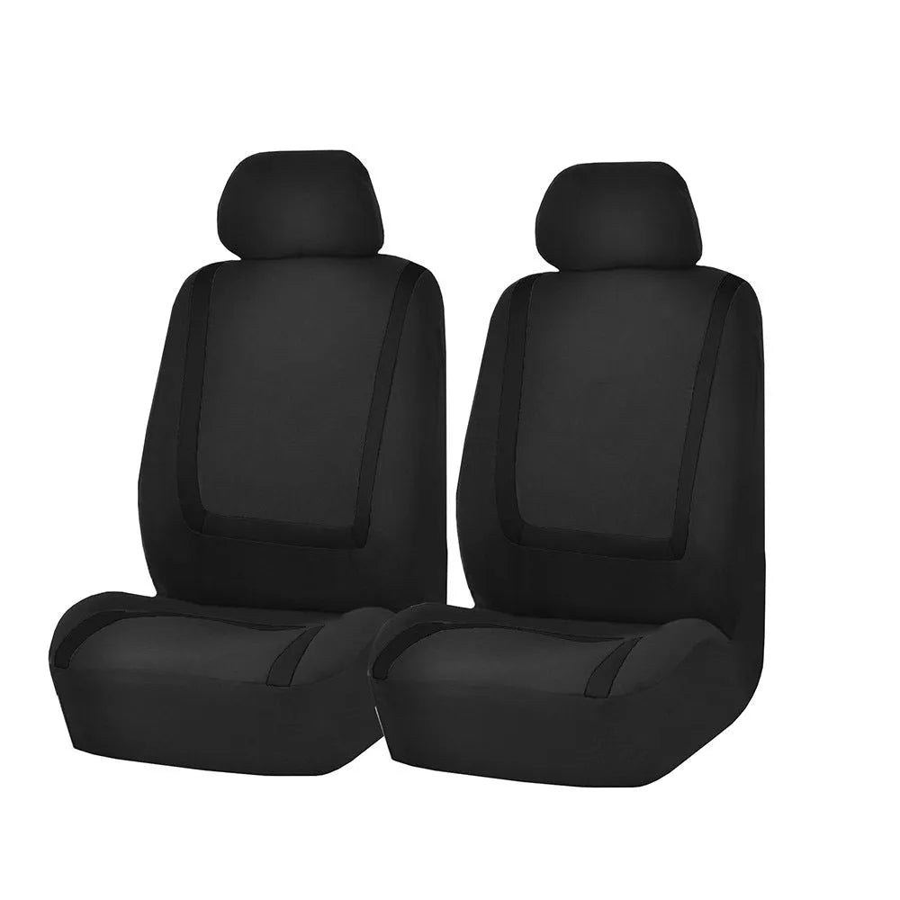 Universal four seasons car seat cover set in beige and black fabric installed on car seats.