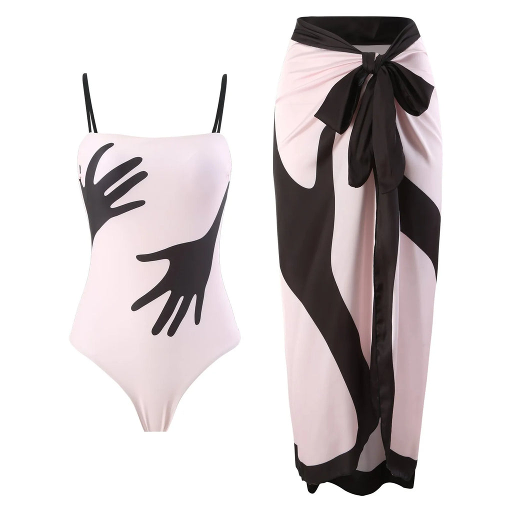 Women's patterned polyester bikini and tulle skirt two-piece swimsuit set