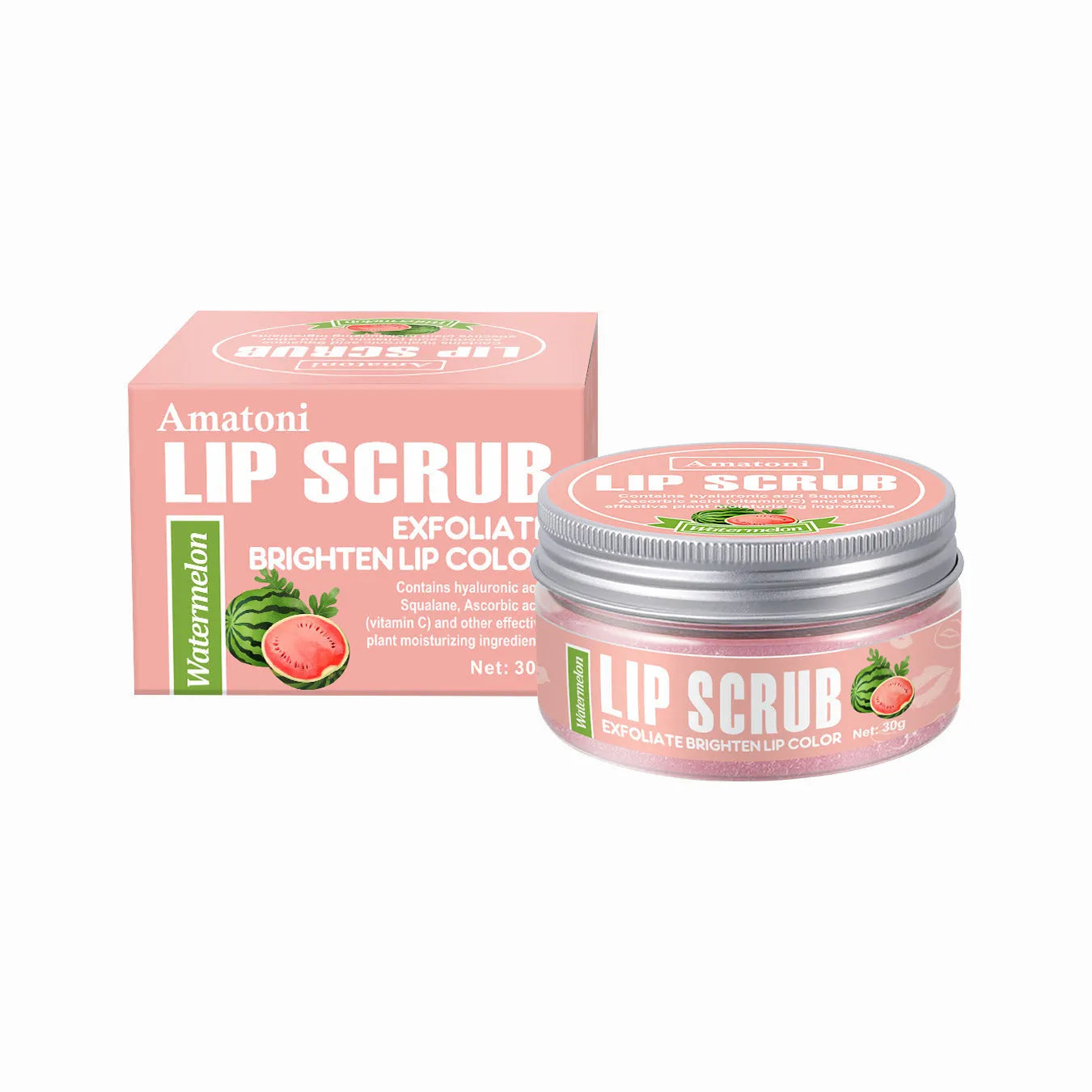 Amatoni Lip Scrub pot in Coconut, Raspberry, Vanilla, or Watermelon flavour, 30g size