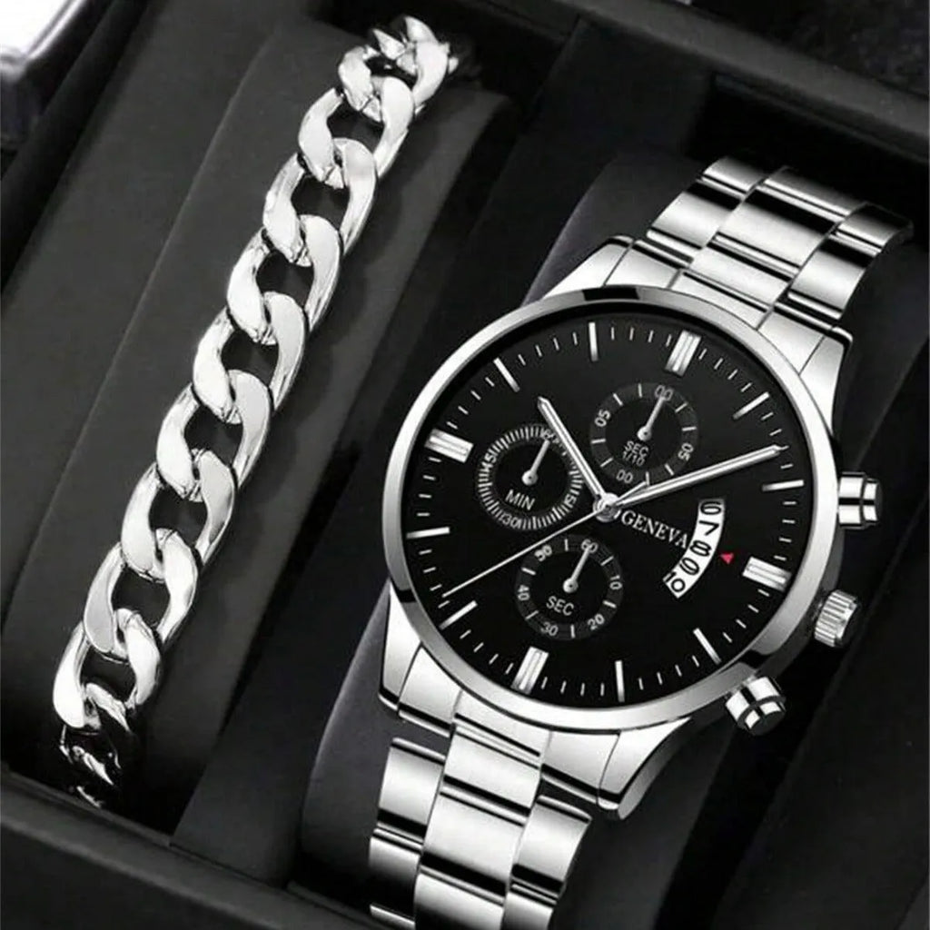 Men's calendar steel belt large dial quartz watch 40mm alloy case mineral glass silver black bracelet