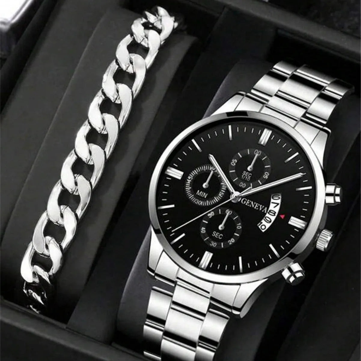 Men's calendar steel belt large dial quartz watch 40mm alloy case mineral glass silver black bracelet