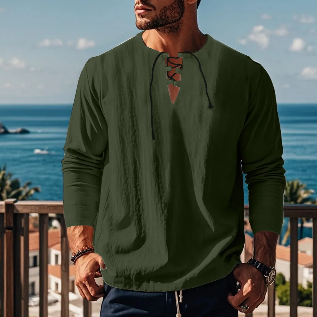 Cotton linen blend solid colour beach shirt in loose pullover style
