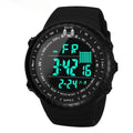 Black waterproof outdoor electronic watch with plastic case and PU strap showing 54.74mm dial