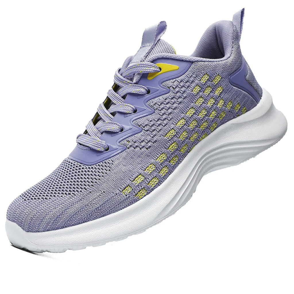 Women's lavender purple flyknit running shoes with mesh lining and striped pattern