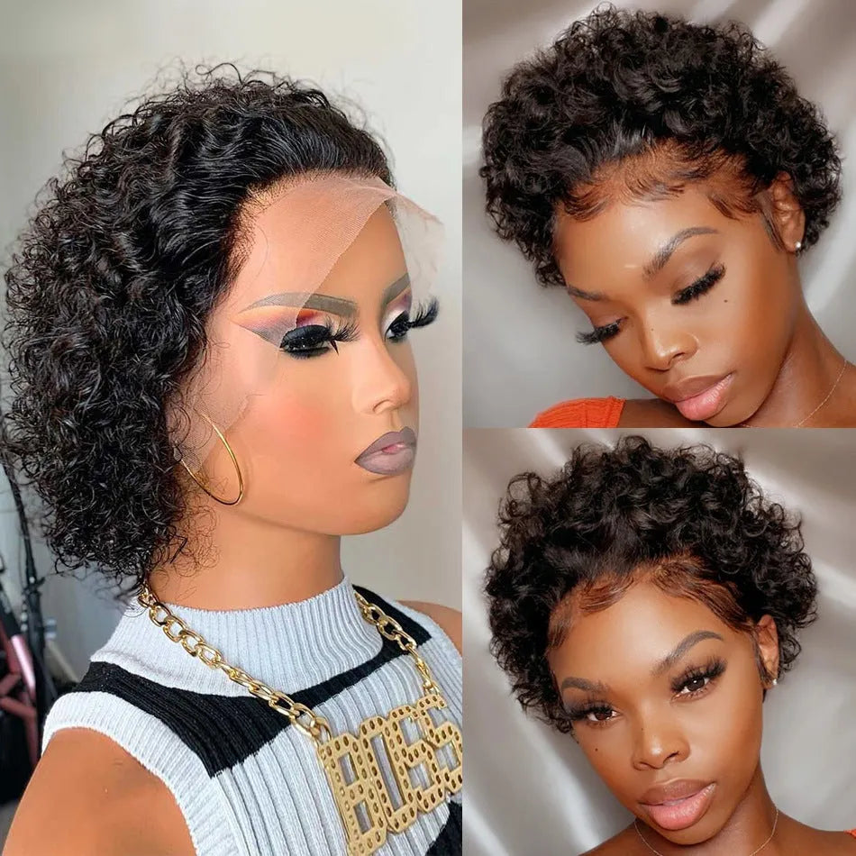 Black 13x1 human hair pixie wig with lace base for daily wear