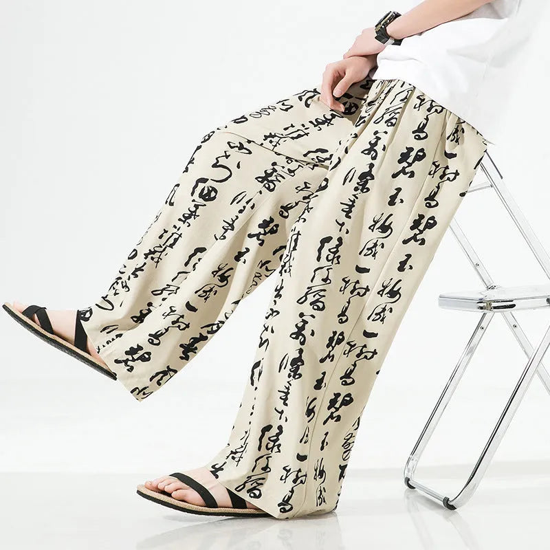 Men's Chinese style printed straight-leg trousers in black bamboo fibre and ice silk fabric