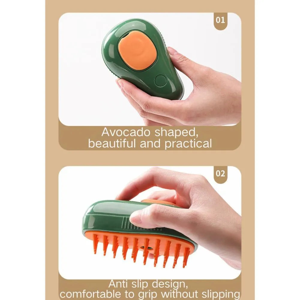 Green and white rechargeable cat steam grooming brush with silicone teeth on a wooden table.
