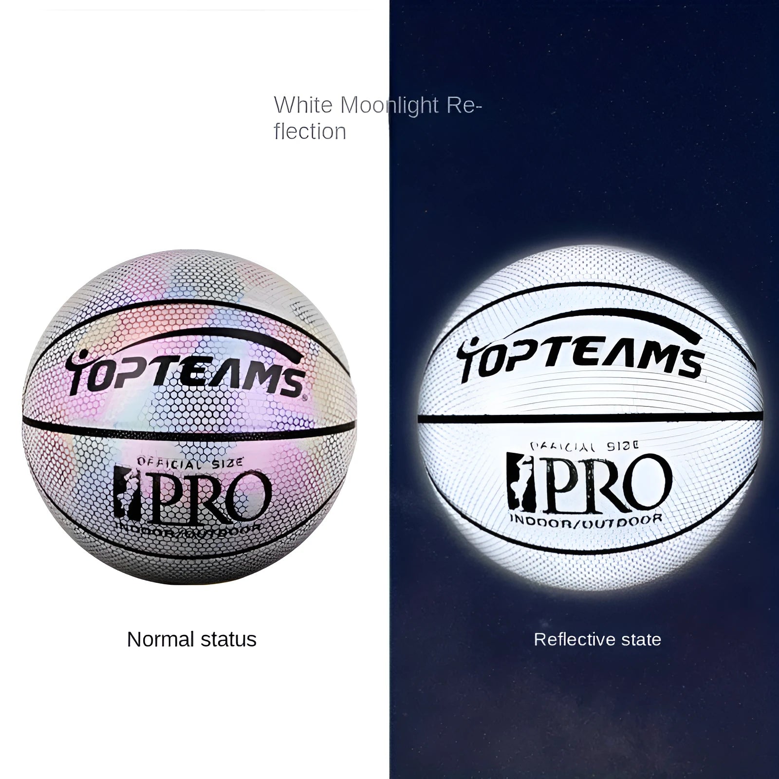 Holographic luminous reflective basketball size 7 in chroma and white colours