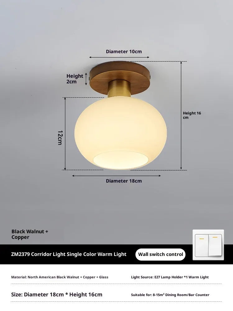 Chinese style simple light luxury walnut and brass ceiling lamp for corridor or balcony with three light colours